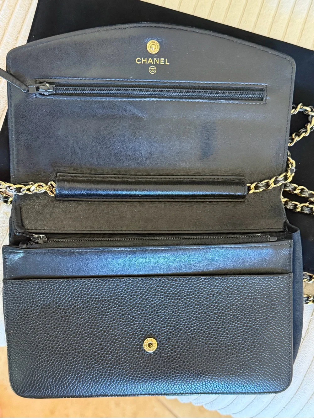 Vintage CHANEL caviar leather bag, suede dust bag, box and authenticity card 8x5